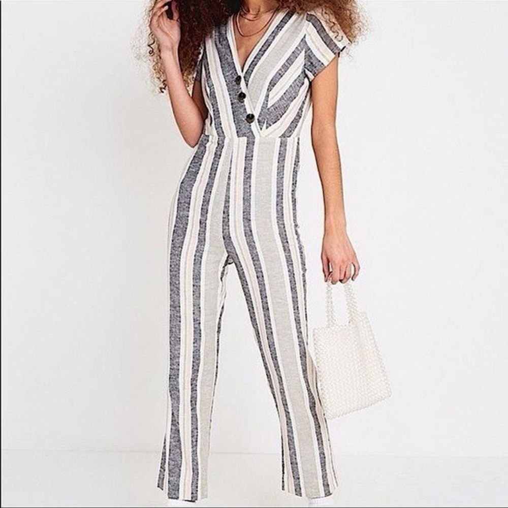 Urban Outfitters Striped Linen‎ Blend Button Front Jumpsuit Small